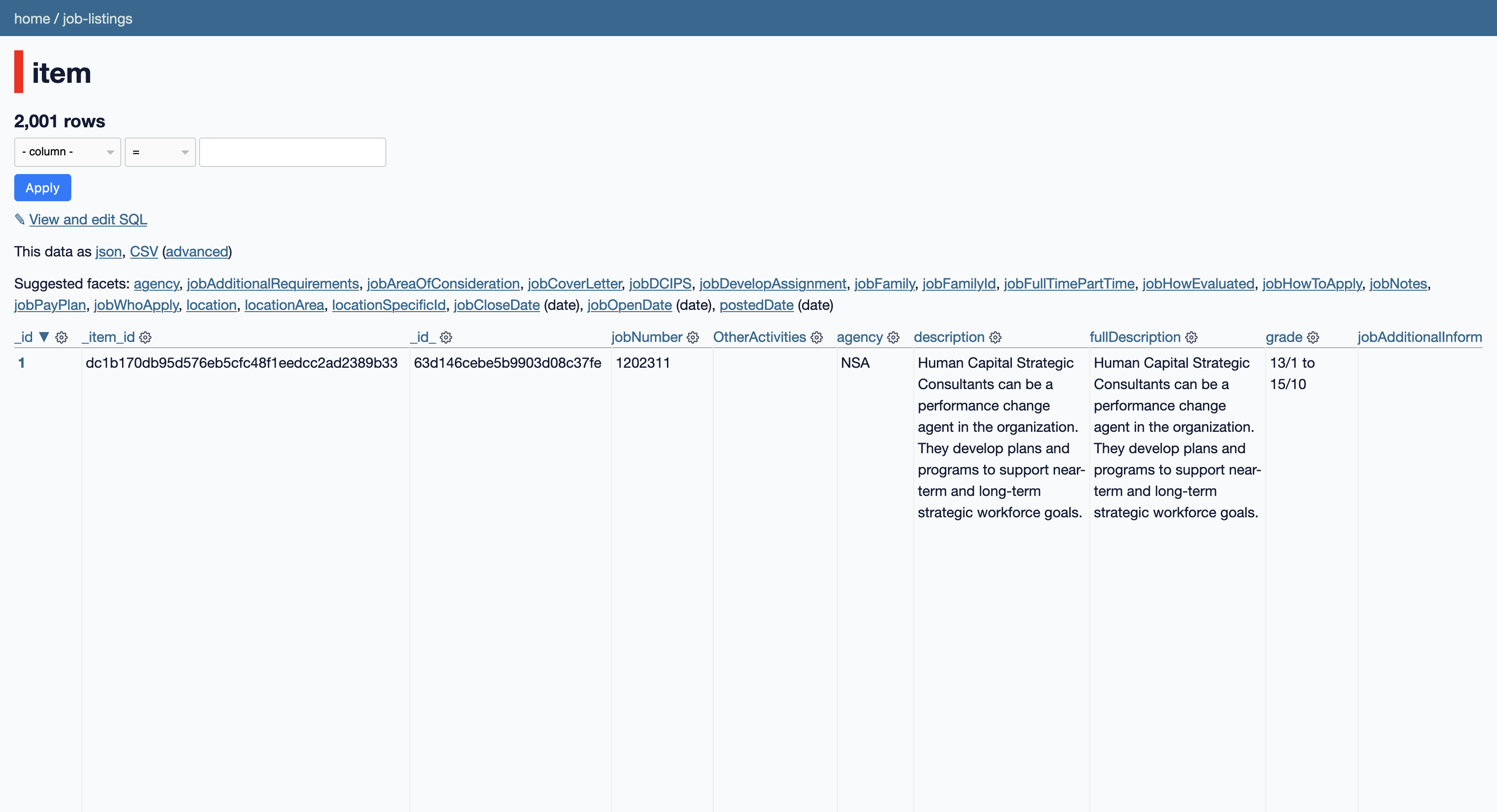 Screenshot of the running database interface